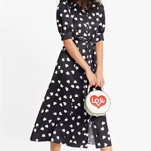 Black Heart-Print Shirt Dress with Tie Waist